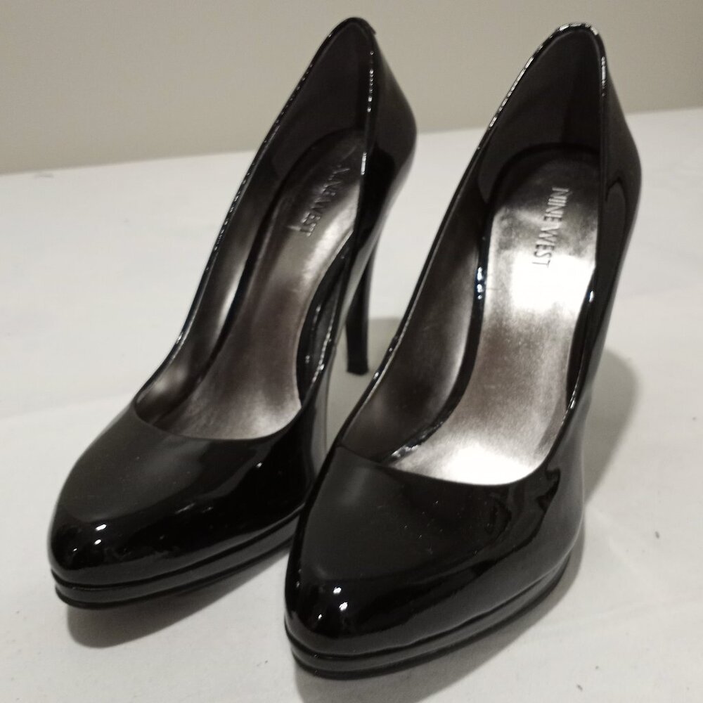 NINE WEST BLACK PATENT LEATHER POINTED TOE HIGH HEEL WTIH PLATFORM SIZE 10